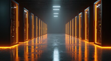 A perspective view of server racks in a dark data center, illuminated by warm orange lights