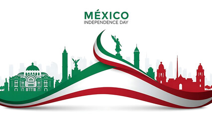 Mexico Independence Day skyline with flag ribbon cityscape