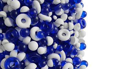 Abstract 3D background with white and blue geometric spheres and rings