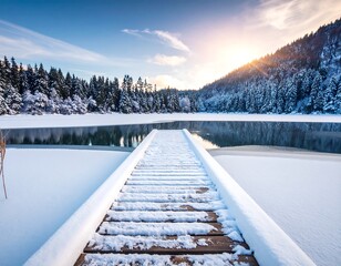 Wooden dock extends towards still, partly frozen water amidst a snowy landscape at sunrise