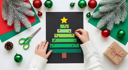 Child making handmade Christmas card with paper stripes tree on white table