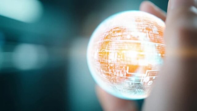Digital Sphere: A hand delicately cradles a luminous digital sphere, a symbol of technology and interconnectedness, creating a compelling visual narrative about the digital world.