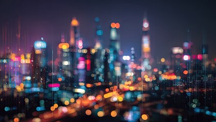 Defocused night view of skyscrapers, capturing illuminated buildings and city lights