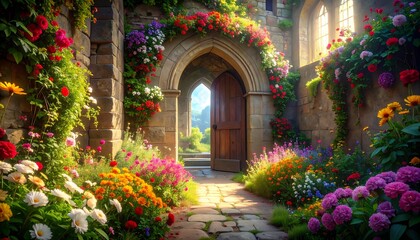 A stone archway, framed by vibrant flowers, leads to a sunlit garden and distant landscape