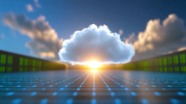 Cloud Technology: An artistic vision of a cloud hovering above a server farm, symbolizing the evolution of data storage and its boundless potential, under a radiant sky.