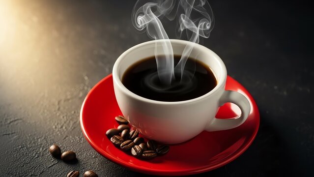 Hot coffee cup on red saucer with coffee beans - Powered by Adobe
