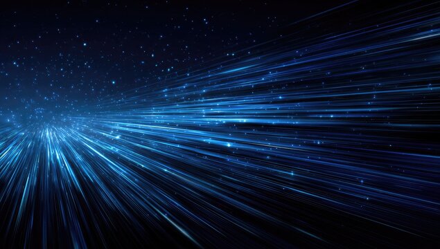 Digital abstract of blue light streaks moving through space with subtle starry background - Powered by Adobe