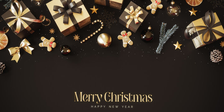 Christmas decoration with Christmas presents on black background with copy space and text. Christmas banner design. 3D Rendering, 3D Illustration	
