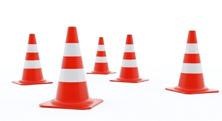 Group of orange and white traffic cones isolated on white background