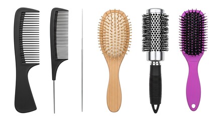 Collection of hair styling tools including combs and various brushes isolated on white background