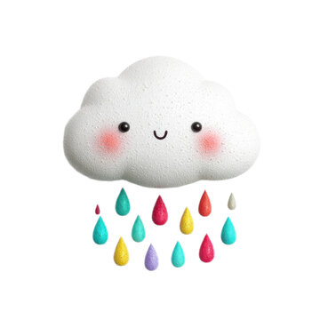 A cartoon cloud with a smiling face and raindrops falling from it