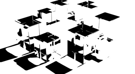 Abstract black and white graduation caps scattered in a geometric composition.