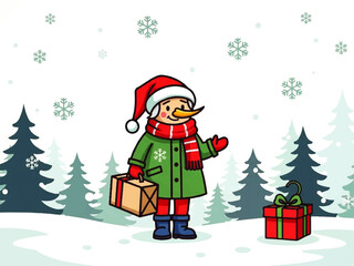 Cartoon illustration of a child wearing winter clothes, holding a gift, standing in a snowy forest with snowflakes falling.