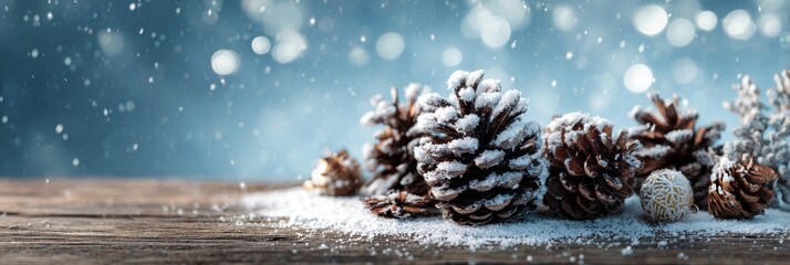 A highly atmospheric, close-up winter banner featuring a cluster of large pine cones resting on a thin layer of faux snow on a rustic wooden surface.