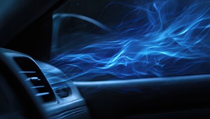 Inside a vehicle, abstract blue smoke billows from the air vent, creating a dramatic, ethereal scene