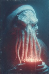 Surreal alien creature face with tentacles wearing red Santa hat and holding glowing gift box for alternative Christmas greeting