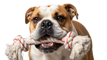A close up of a brown and white bulldog holding a rope toy in its mouth on a black background