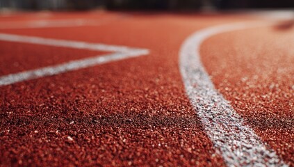 Close-up of a red running track surface with white lane markings, focused on the detail