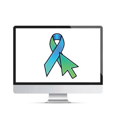 Computer monitor displaying a blue and green awareness ribbon with a cursor pointer