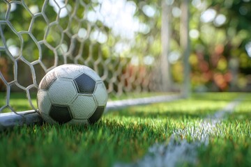 A soccer ball rests in the net on a green field, blurred trees in the background