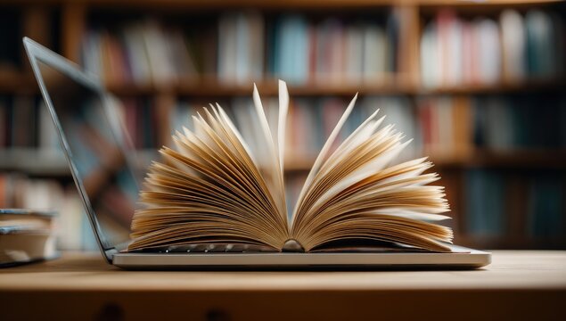 Open book atop laptop on wooden table, shelves filled with books blurred in background