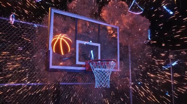Basketball action at a hoop with a bright explosion and scattered pieces.