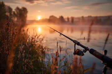 A fishing rod on the river bank in the rays of dawn