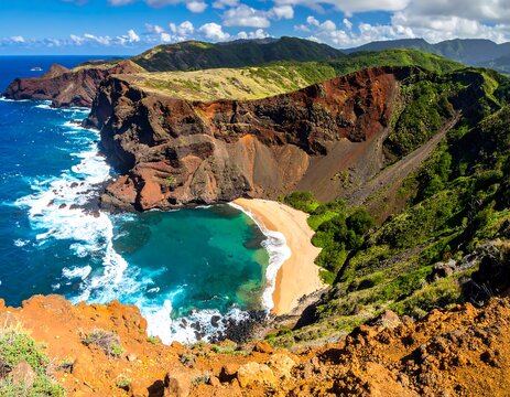 Scenic coastal landscape features dramatic cliffs, a beach, and ocean waves - Powered by Adobe