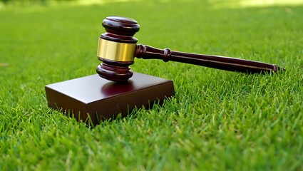 A judge’s gavel placed on a green sports field highlights the intersection of law, fairness, competition, and dispute resolution within environments and outdoor sporting contexts.