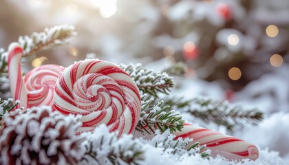 Festive peppermint candy canes sparkling in the winter snow a sweet treat for holiday magic and cozy Christmas celebration designs