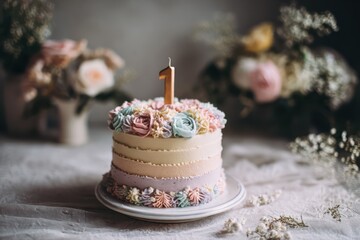 Small Celebratory Cake with Single Pastel Candle on Top