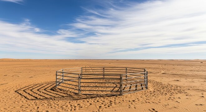 Desert landscape with metal corral under a blue sky