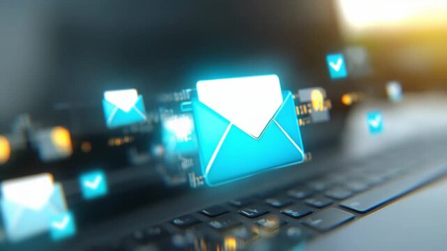 Digital Communication: An eye-level shot captures a laptop keyboard surrounded by stylized digital envelope icons, radiating connectivity and symbolizing the modern flow of information.