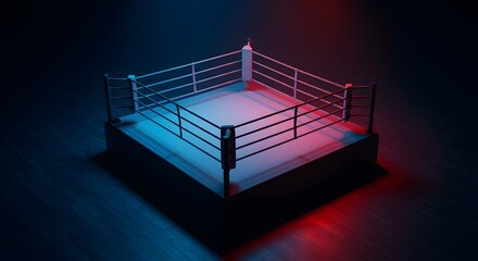3D rendered boxing ring model with blue and red lighting on wooden floor background