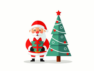 Cartoon Santa Claus holding a wrapped gift stands next to a decorated Christmas tree with a red star on top.