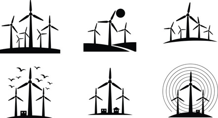 Wind turbine silhouette collection showing renewable energy scenes, eco friendly power generation vector set, sustainable wind farm illustration icons for clean energy design © Akaza