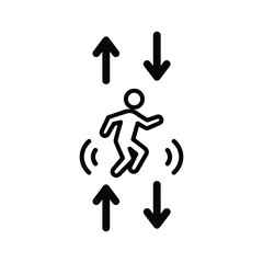 Icon of a running or jumping person with up and down arrows, representing movement, direction, and dynamic activity.