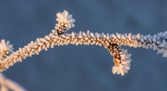 Frost-covered brown tree branch in winter morning close-up