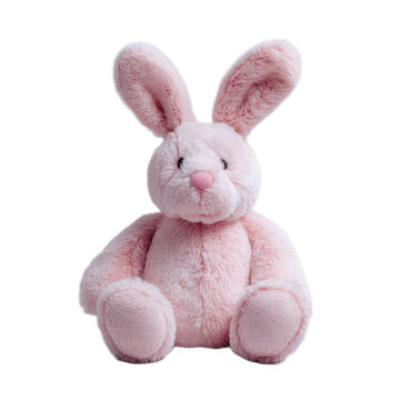 A pink stuffed rabbit is sitting on a white background