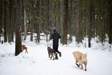 A man is running through a winter park. Outdoor fitness.