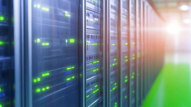 Data Center Brilliance: A high-tech server room glows with the power of modern technology, showcasing rows of advanced servers humming with data processing and secure information storage. - Powered by Adobe
