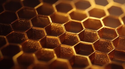 Intricate honeycomb wax pattern captured in sharp focus cell illuminated with soft golden tones Shadows emphasize depth without