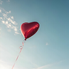 Fototapeta premium A single red heart shaped balloon floating against a clear blue sky with wispy white clouds