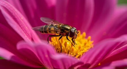 A bee, striped and iridescent, gathers nectar from the vibrant yellow center of a pink flower