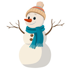 A snowman in a scarf and hat with no background