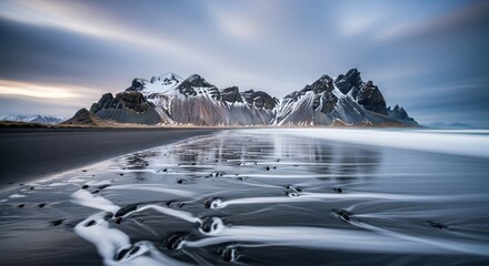 Majestic vestrahorn mountain at stokksnes peninsula with smooth reflections on black sand beach