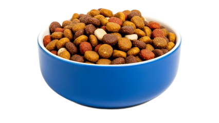 A bright blue bowl filled to the brim with an assortment of dry pet food kibble pieces on a black background