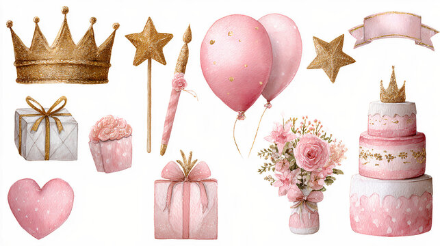 Watercolor princess birthday elements in pink, including gifts, balloons, cake, and gold details on a white background. Generative AI