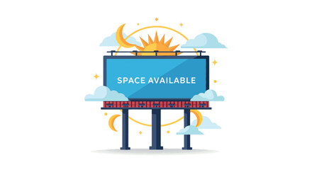 A large billboard with space available stands tall against a vibrant sky with clouds and sun