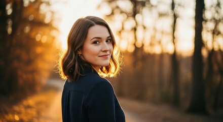 Young caucasian female smiling in sunlit autumn forest